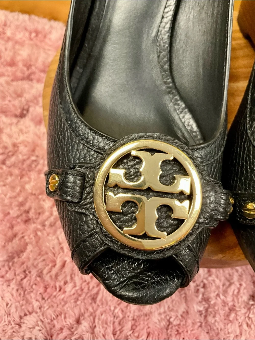 Tory Burch Black Peep-Toe Leather Pumps with Gold Logo Medallion